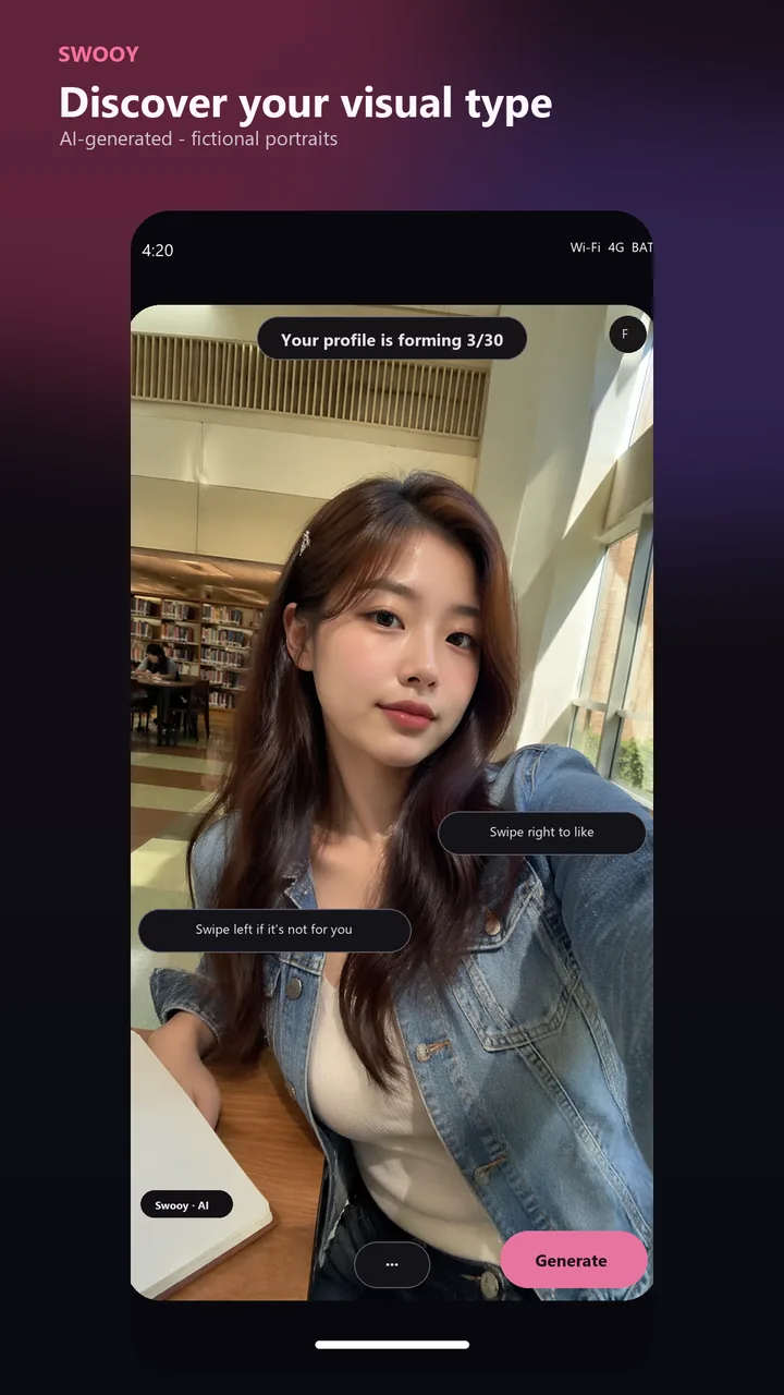 Swooy swipe screen with a fictional AI-generated adult portrait.