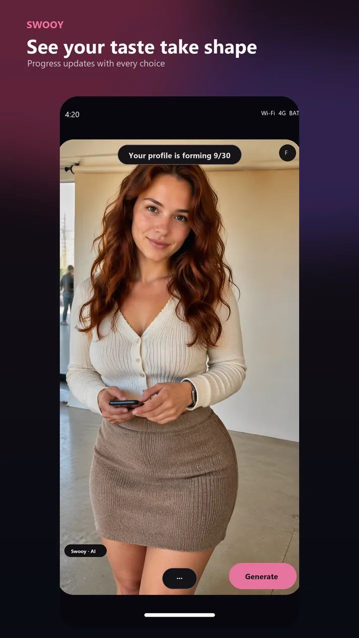 Swooy taste profile screen showing a fictional AI-generated adult portrait.